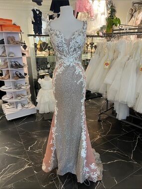 Portia & Scarlett 5009 Elegant Sequin Lace Evening Gown in Silver and Nude